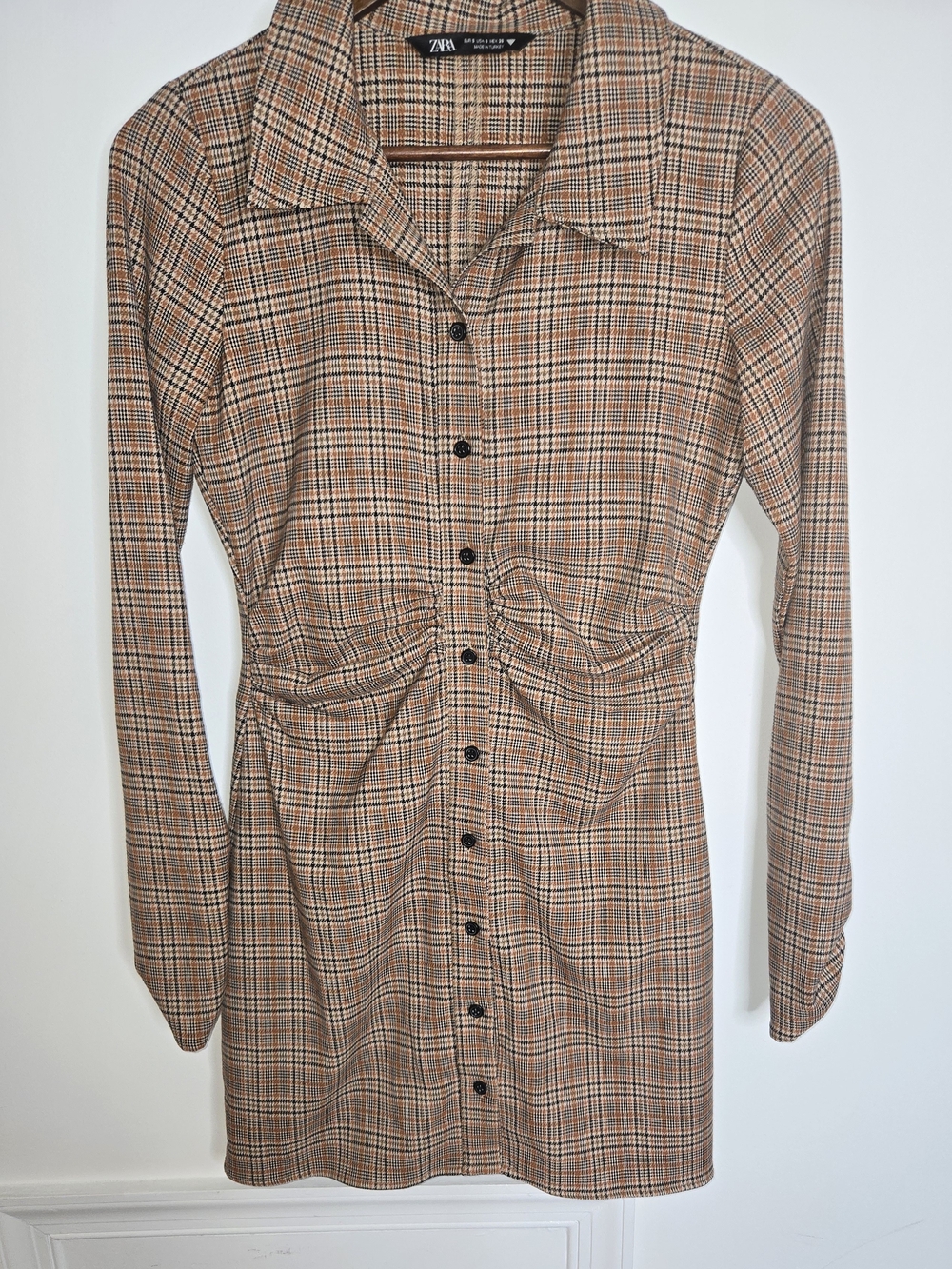 ZARA Plaid Button-Front Long Sleeve Dress W/ Ruched Waist And Cuffs Camel/Tan S